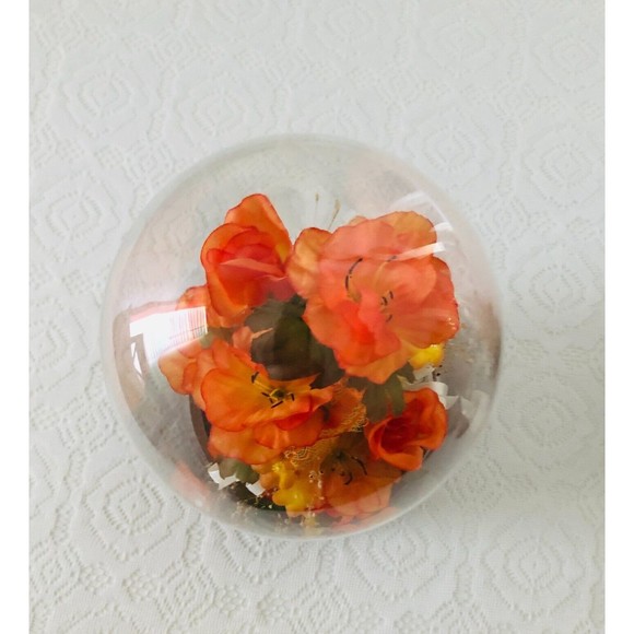 Vtg Silk Orange Roses Lace Ribbon Footed Wooden Glass Dome Conche 12" - Picture 6 of 6